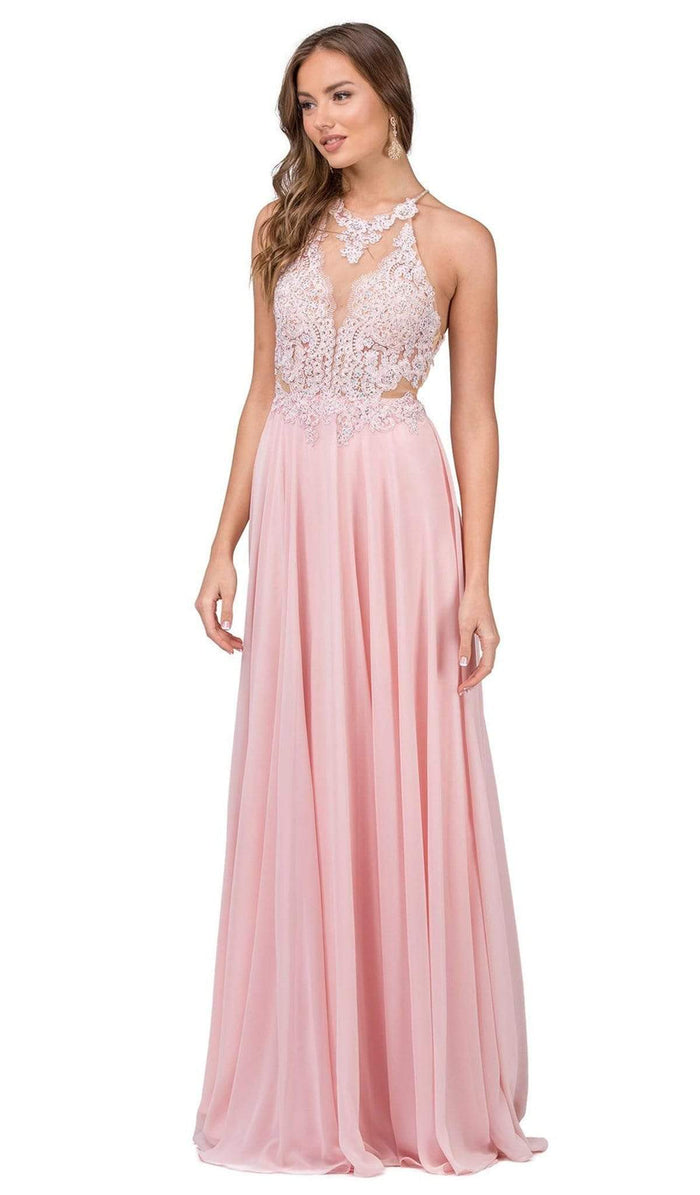 Dancing Queen - 2015 Lace Embellished Illusion Bodice Chiffon Gown Prom Dresses XS / Blush