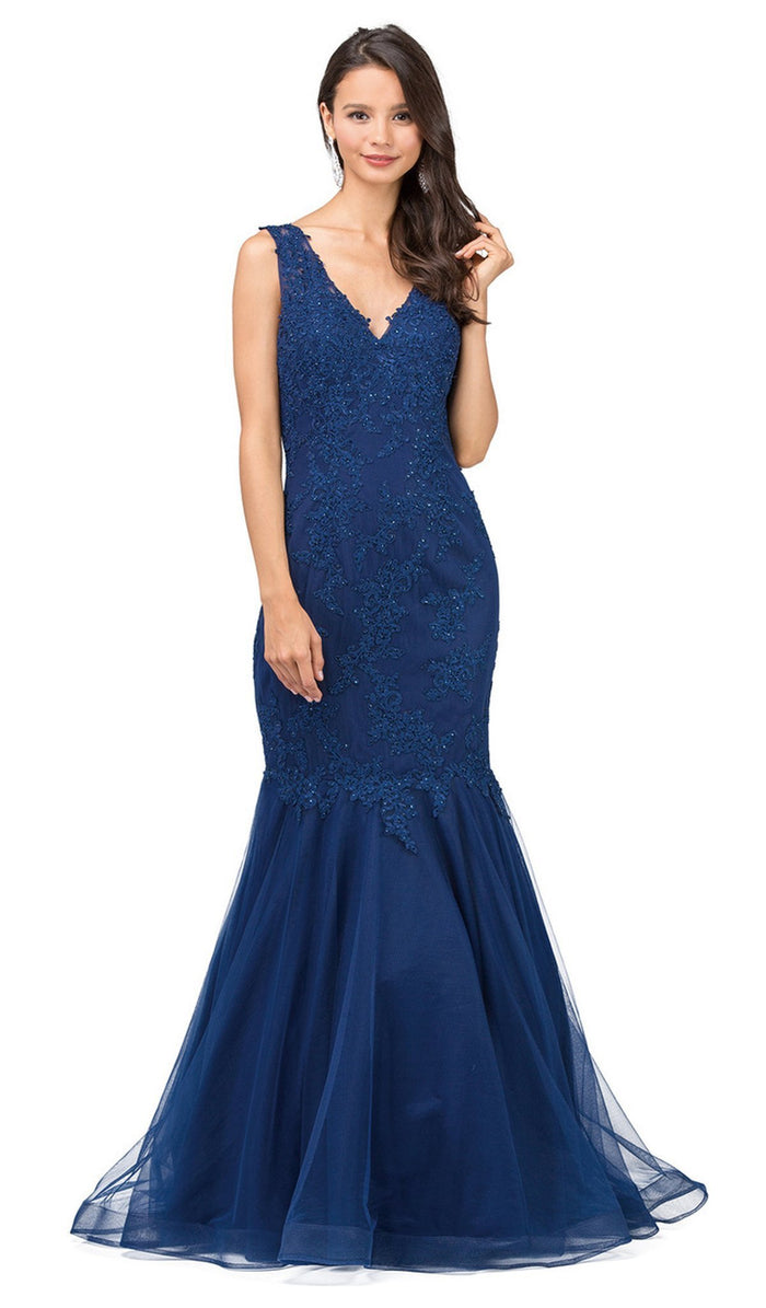 Dancing Queen - 2383 V-neck Embellished Mermaid Prom Gown Special Occasion Dress XS / Navy