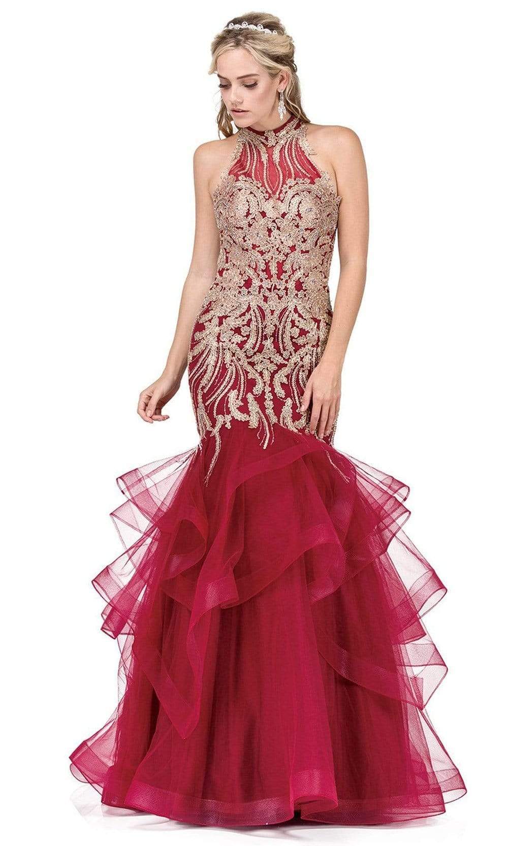 Dancing Queen - 2447 Gold Applique Halter Tiered Mermaid Prom Dress Couture Candy Dancing Queen - 2447 Gold Applique Halter Tiered Mermaid Prom Dress Couture Candy