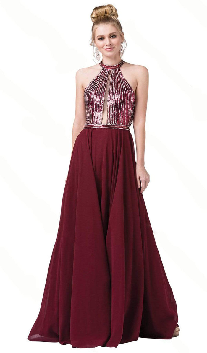Dancing Queen - 2498 Sequined Halter A-Line Prom Gown Prom Dresses XS / Burgundy