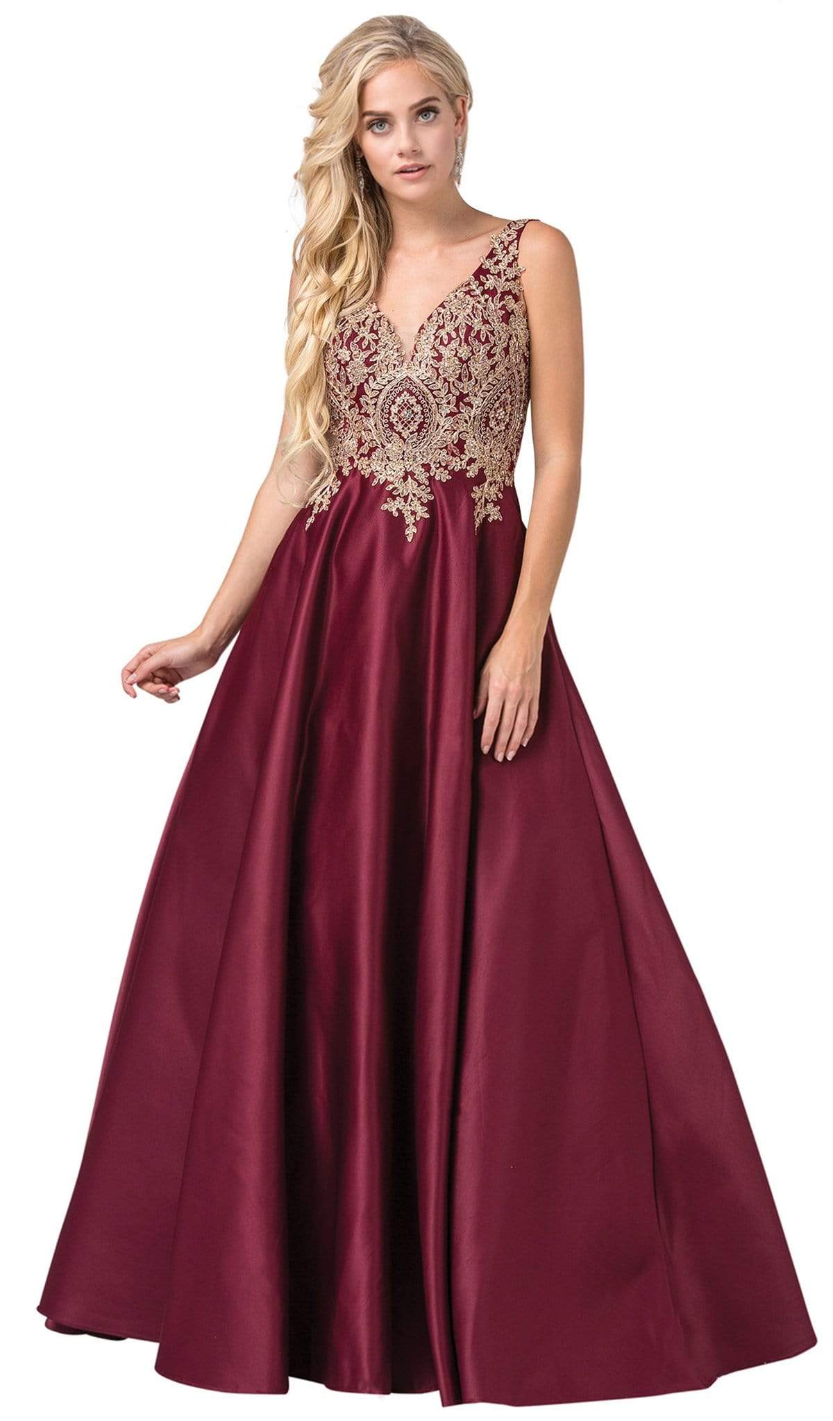 Dancing Queen - 2533 Gold Lace Embellished Sleeveless V Neck Satin A-Line Gown XL / Tan - Shop Dancing Queen dresses on Couture Candy at Dancing Queen - 2533 Gold Lace Embellished Sleeveless V Neck Satin A-Line Gown XL / Tan - Shop Dancing Queen dresses on Couture Candy at