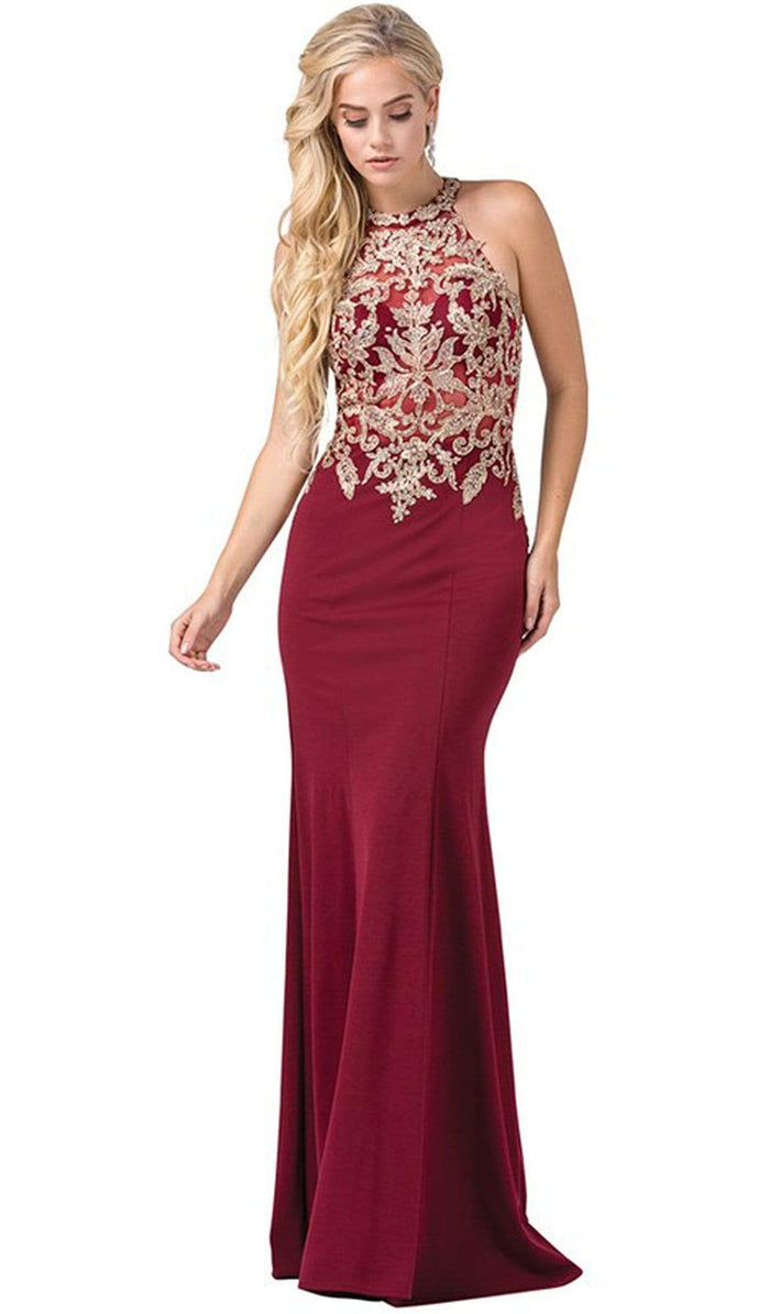 Dancing Queen - 2555 Embroidered Halter Long Trumpet Gown Special Occasion Dress XS / Burgundy