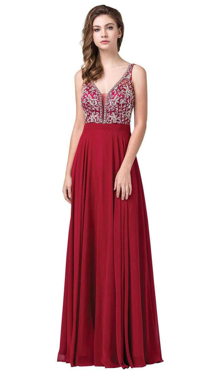 Dancing Queen - 2669 Bejeweled Sleeveless V Neck Low Scoop Back Gown Prom Dresses XS / Burgundy