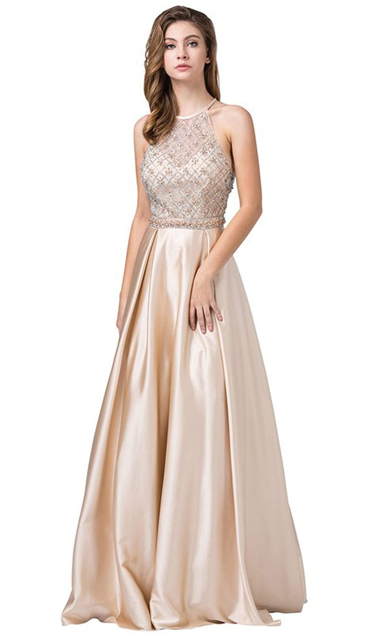 Dancing Queen - 2744 Embellished Halter Pleated A-Line Gown S / Champagne - Shop Dancing Queen Dresses On Couture Candy at CoutureCandy.com Dancing Queen - 2744 Embellished Halter Pleated A-Line Gown S / Champagne - Shop Dancing Queen Dresses On Couture Candy at CoutureCandy.com