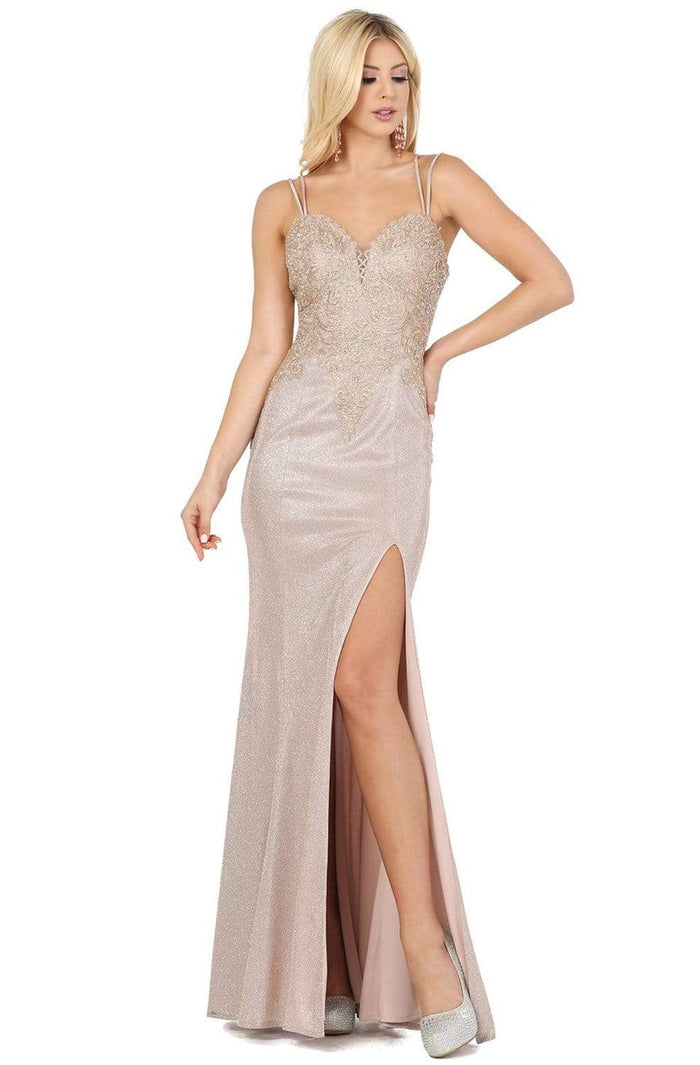 Dancing Queen - 2909 Appliques Sweetheart Bodice High Slit Gown Prom Dresses XS / Rose Gold