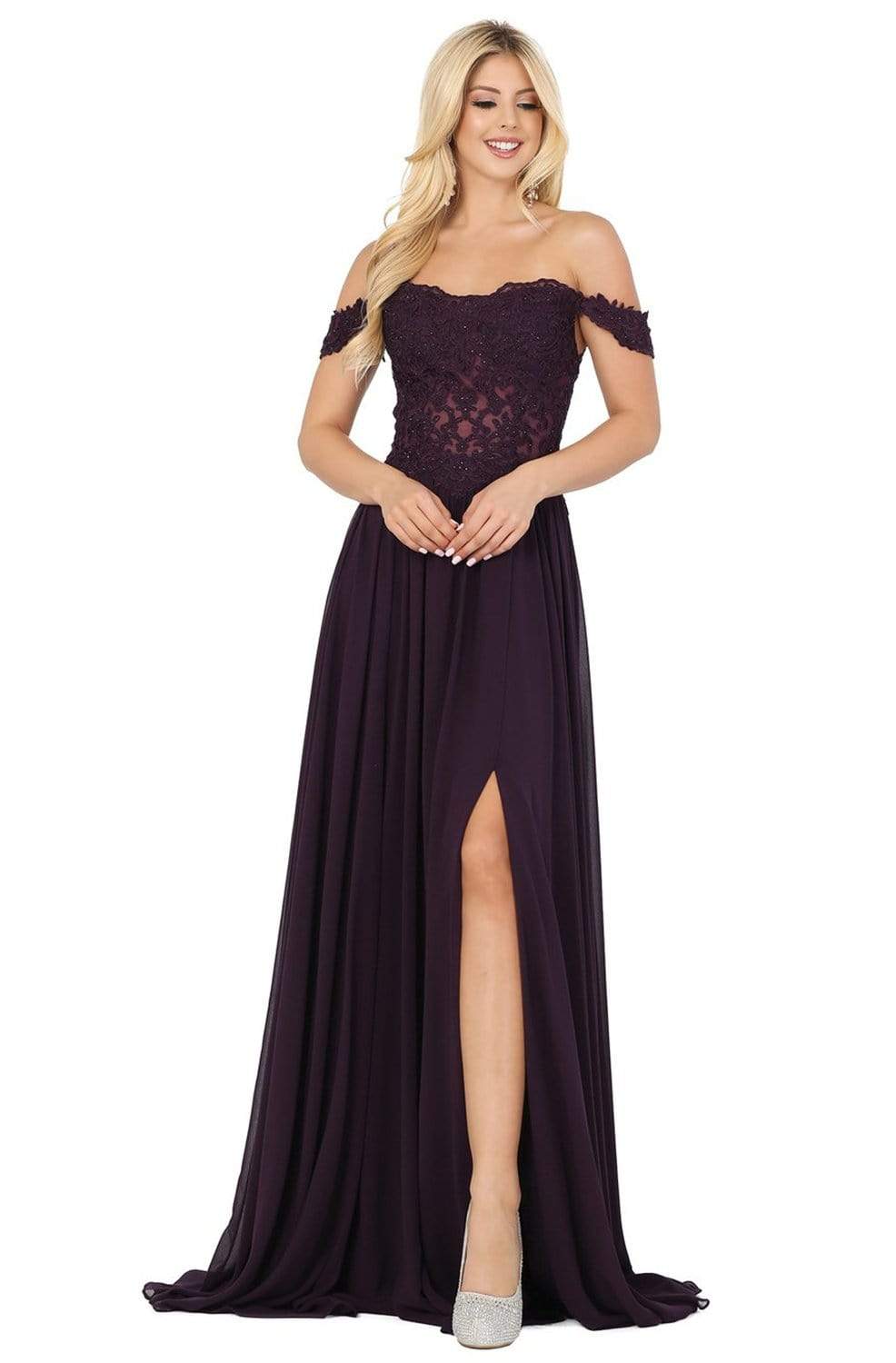Dancing Queen - 2933 Beaded Lace Applique Bodice High Slit Prom Dress Couture Candy Dancing Queen - 2933 Beaded Lace Applique Bodice High Slit Prom Dress Couture Candy