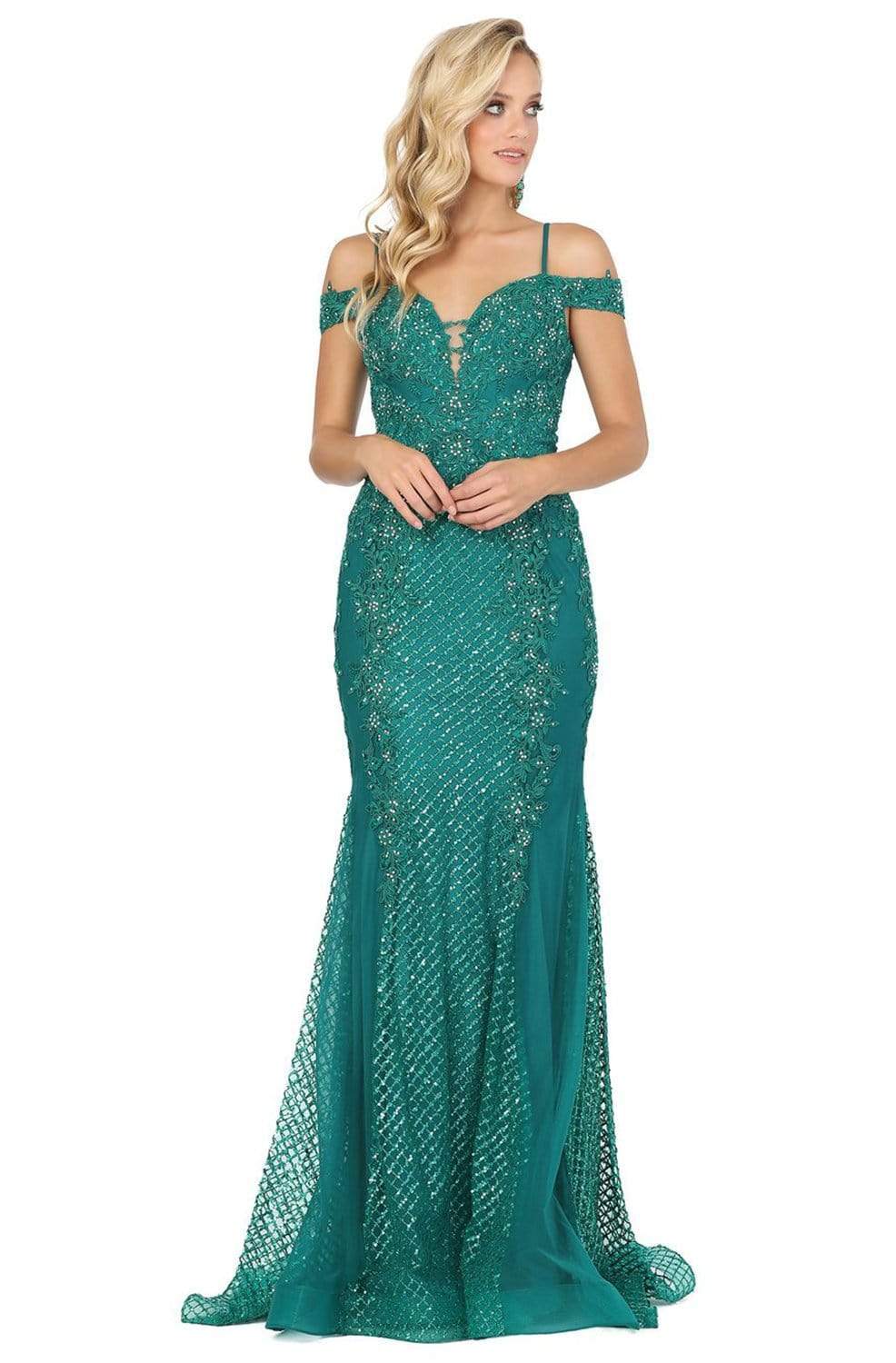 Dancing Queen 2995 Off Shoulder Deep V-Neck Lace Sequins Prom