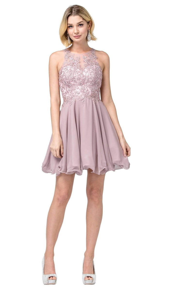 Dancing Queen - 3054 Embroidered Halter Neck A-line Dress Homecoming Dresses XS / Mocha