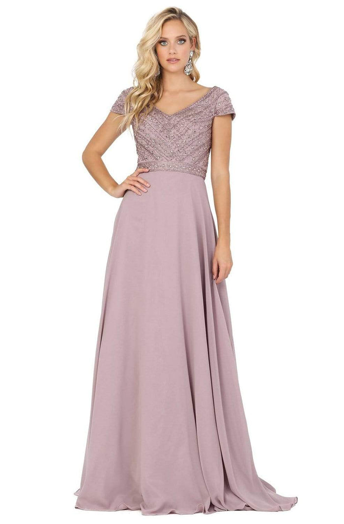 Dancing Queen - 4015 Short Sleeve Beaded Bodice Chiffon Gown Evening Dresses XS / Mocha