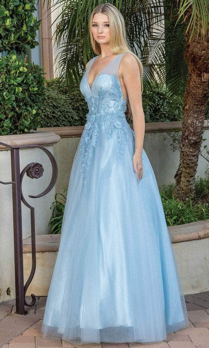 Dancing Queen 4272 - Floral Appliqued Sleeveless Prom Dress Special Occasion Dress XS / Bahama Blue
