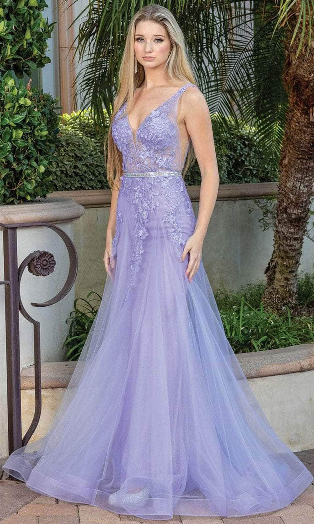 Sheer-Bodice Prom Dress with Glitter - PromGirl Lilac / Small Sheer-Bodice Prom Dress with Glitter - PromGirl Lilac / Small
