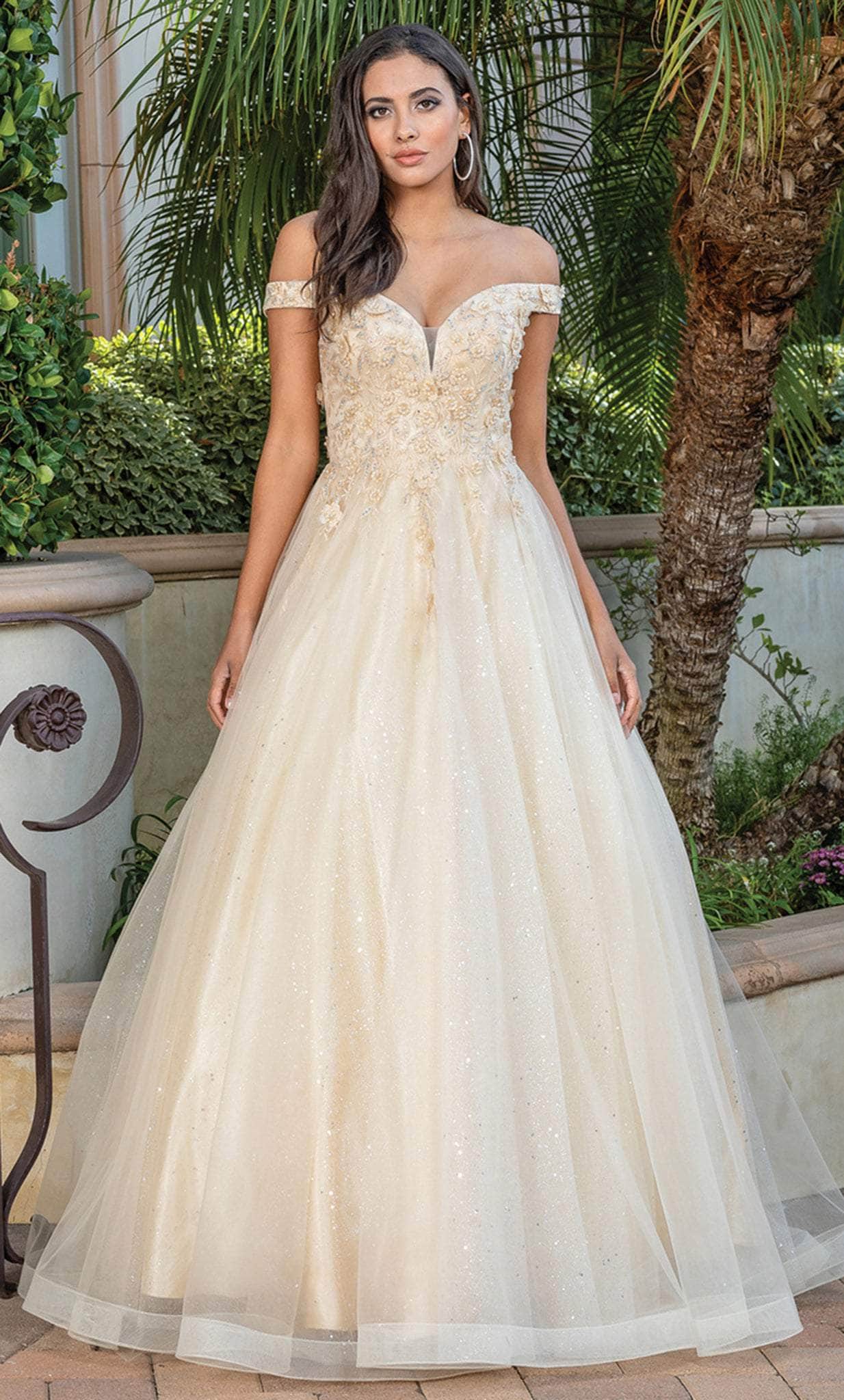 Corset-Back Off-the-Shoulder Prom Ball Gown - PromGirl Champagne / Medium Corset-Back Off-the-Shoulder Prom Ball Gown - PromGirl Champagne / Medium