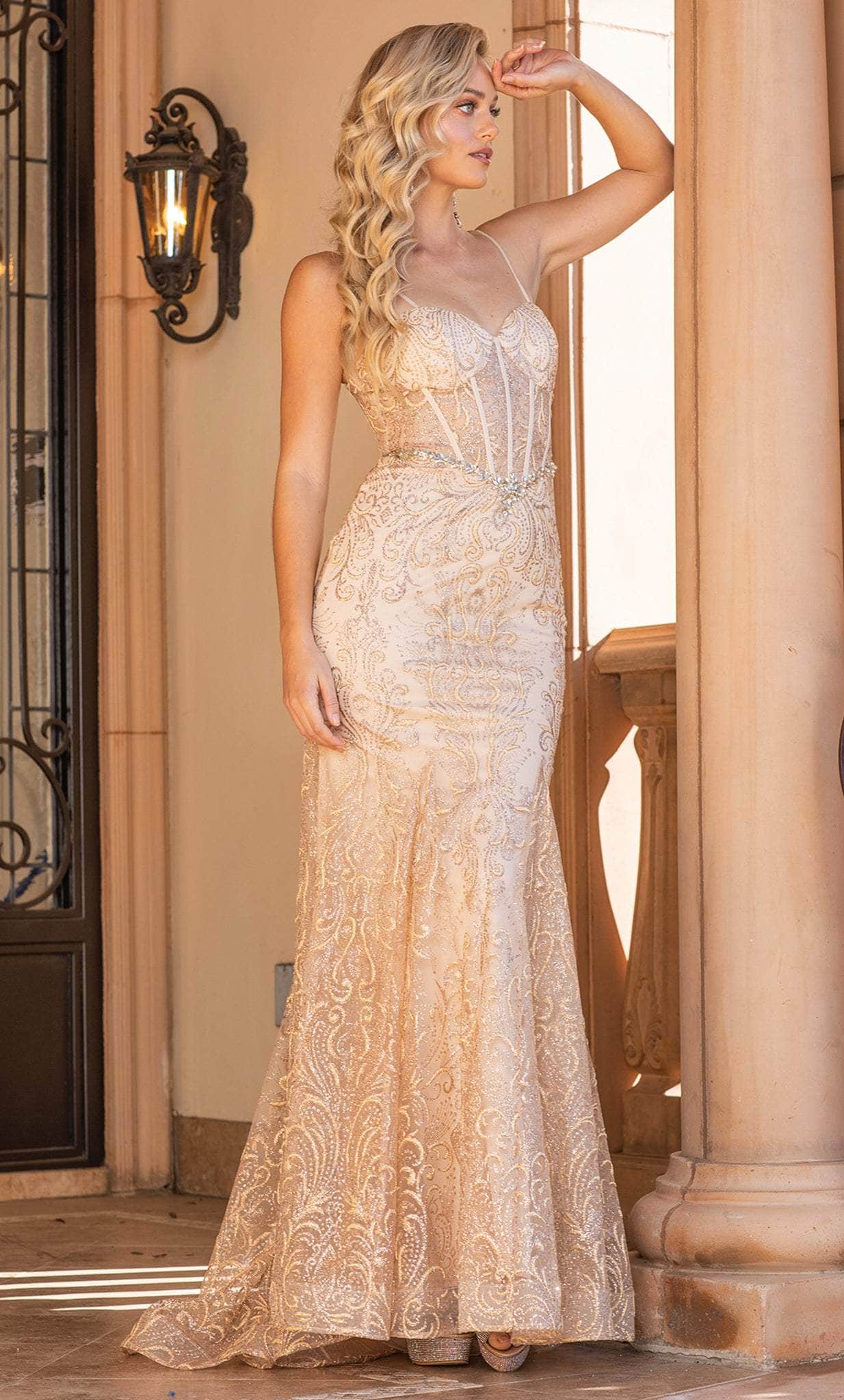 prom / dance designer dress Dancing Queen 4253 - Embellished Off-shoulder Prom Dress S / Champagne