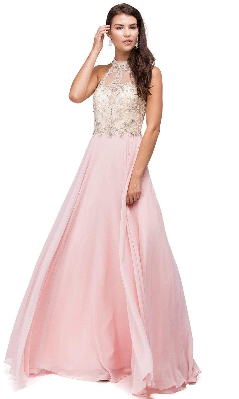 Dancing Queen - 9293 Embellished Illusion Halter Choker Neck Chiffon A-Line Dress