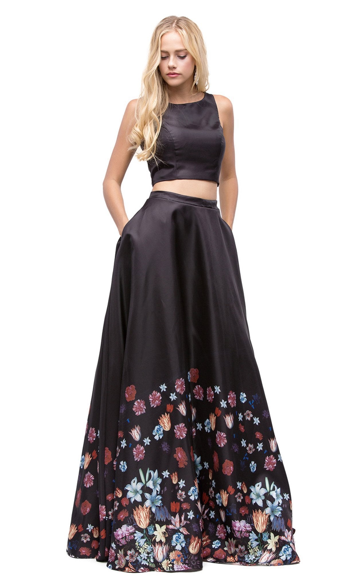 floral two piece dress prom Two-Piece Floral Embroidered Satin Prom Dress with Halter-Neck and Mermaid Skirt S / White