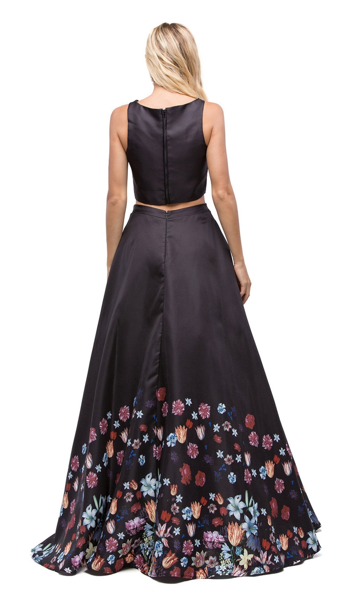 Dancing Queen - 9885 Two-Piece Bateau Floral A-line Prom Dress XS / Black/Multi Print - Shop Dancing Queen dresses on Couture Candy at Dancing Queen - 9885 Two-Piece Bateau Floral A-line Prom Dress XS / Black/Multi Print - Shop Dancing Queen dresses on Couture Candy at