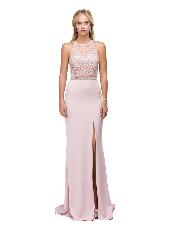 Dancing Queen Bridal - 9702 Elegant Beaded Jeweled Illusion Long Prom Dress Prom Dresses XS / Blush