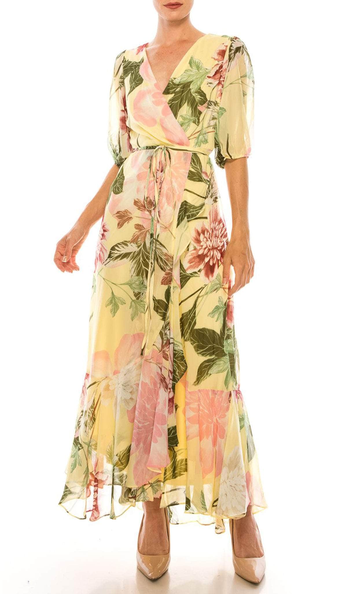 Danny & Nicole 91569MZ - Floral Printed Long Dress 6 / Yellow Blush Danny & Nicole 91569MZ - Floral Printed Long Dress 6 / Yellow Blush