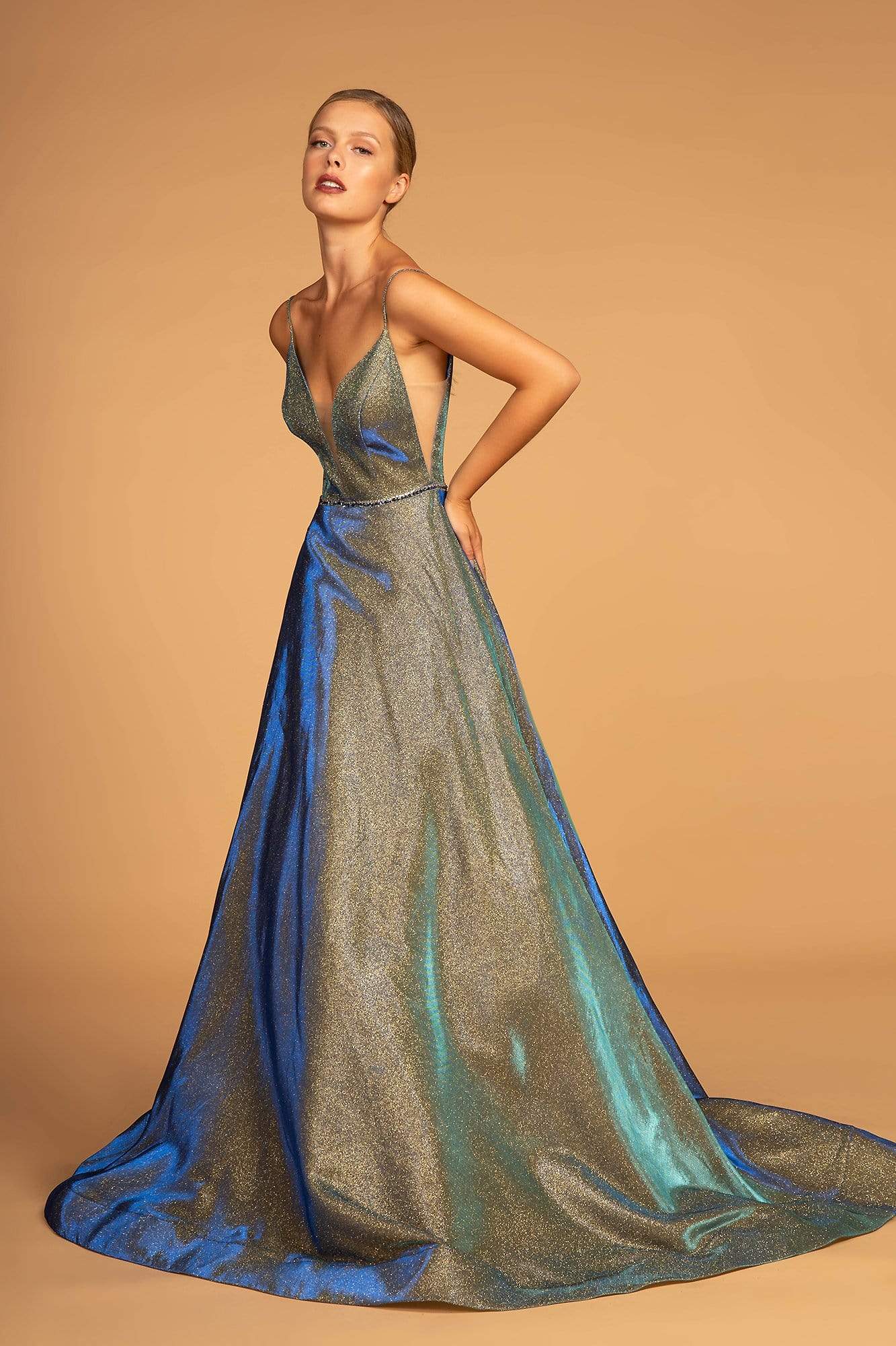 Elizabeth K Bridal - GL2644 Glitter Crepe Deep V-neck A-line Dress Couture Candy Elizabeth K Bridal - GL2644 Glitter Crepe Deep V-neck A-line Dress Couture Candy