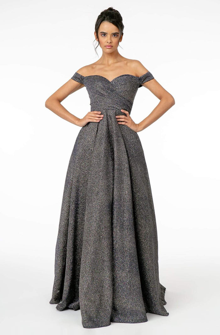 Elizabeth K - GL1827 Glitter Lame Off Shoulder A-Line Gown Prom Dresses XS / Navy