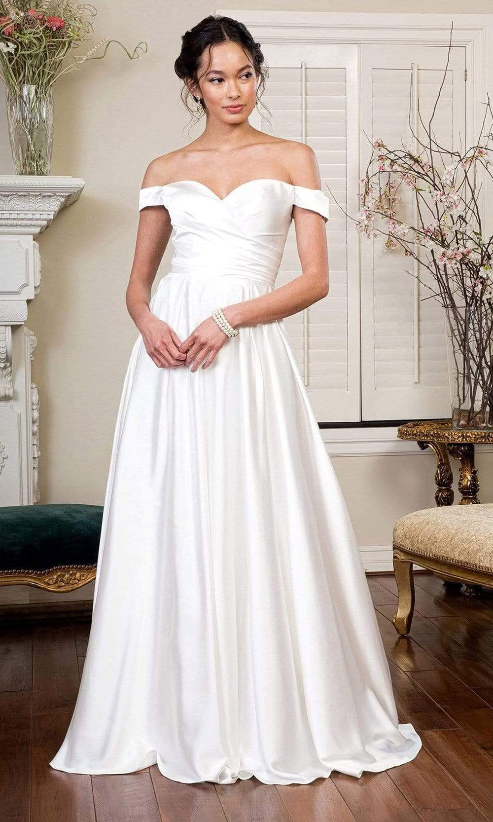 Off Shoulder Satin Gown by Elizabeth KGL1908 - Ivory / S Off Shoulder Satin Gown by Elizabeth KGL1908 - Ivory / S