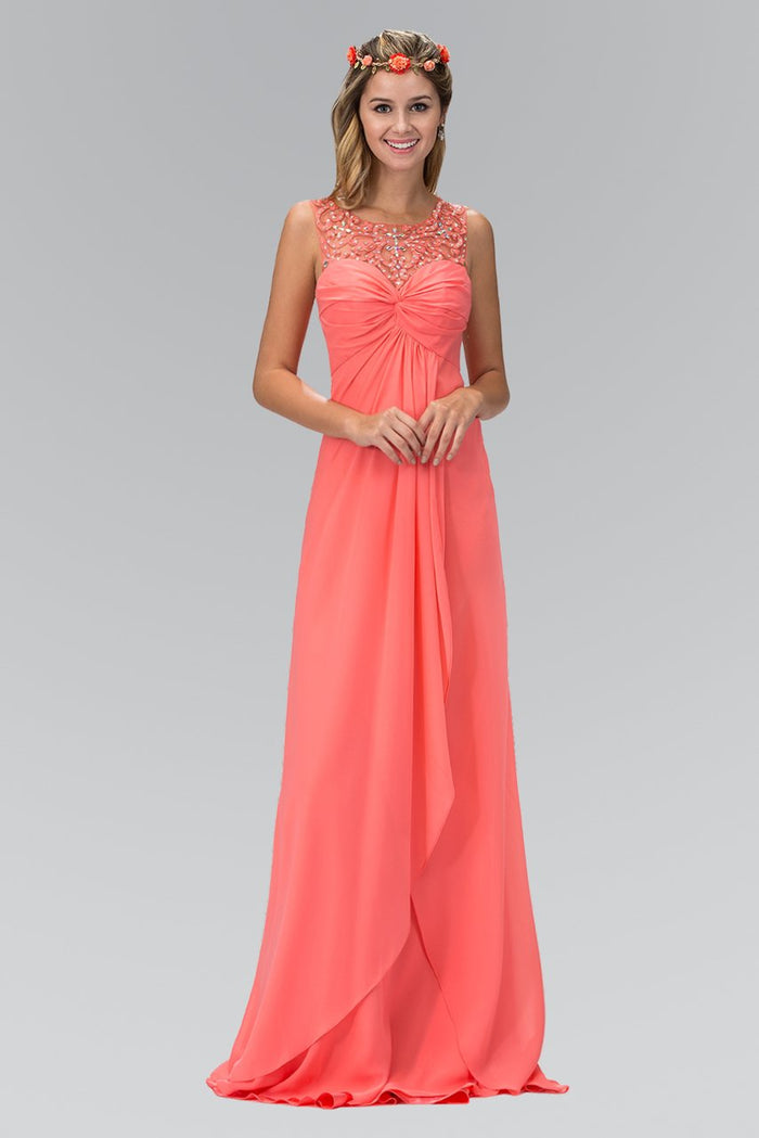 Elizabeth K - GL2061 Beaded Illusion Scoop Neck Chiffon Dress Special Occasion Dress XS / Coral