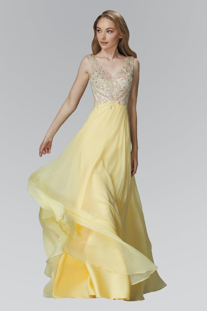 Elizabeth K - GL2116 Bejeweled V-Neck Chiffon Gown Special Occasion Dress XS / L.Yellow