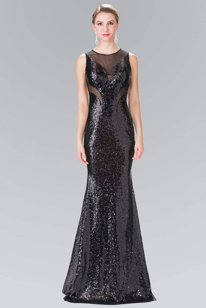 Elizabeth K - GL2292 Sequined Illusion Panel Sheath Gown Special Occasion Dress XS / Black