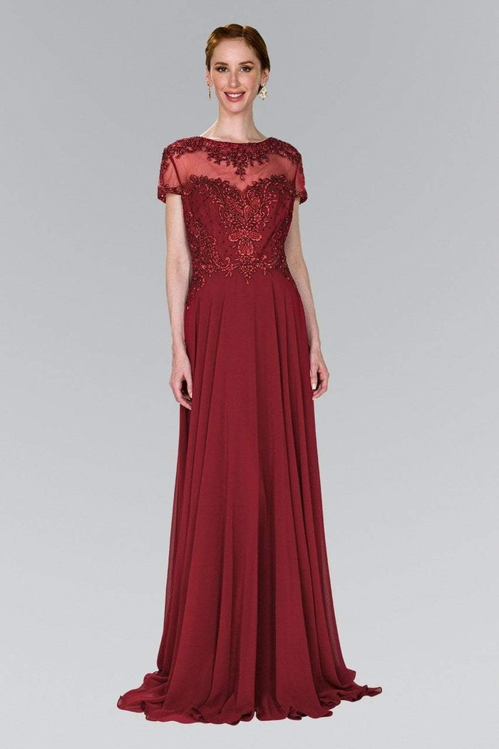 Elizabeth K - GL2406 Short Sleeve Illusion Lace Ornate Chiffon Gown Special Occasion Dress XS / Burgundy