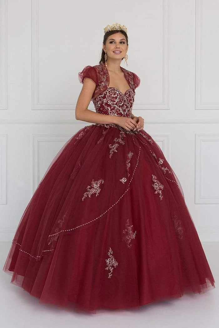 Elizabeth K - GL2427 Embellished Sweetheart Ballgown with Bolero Special Occasion Dress XS / Burgundy