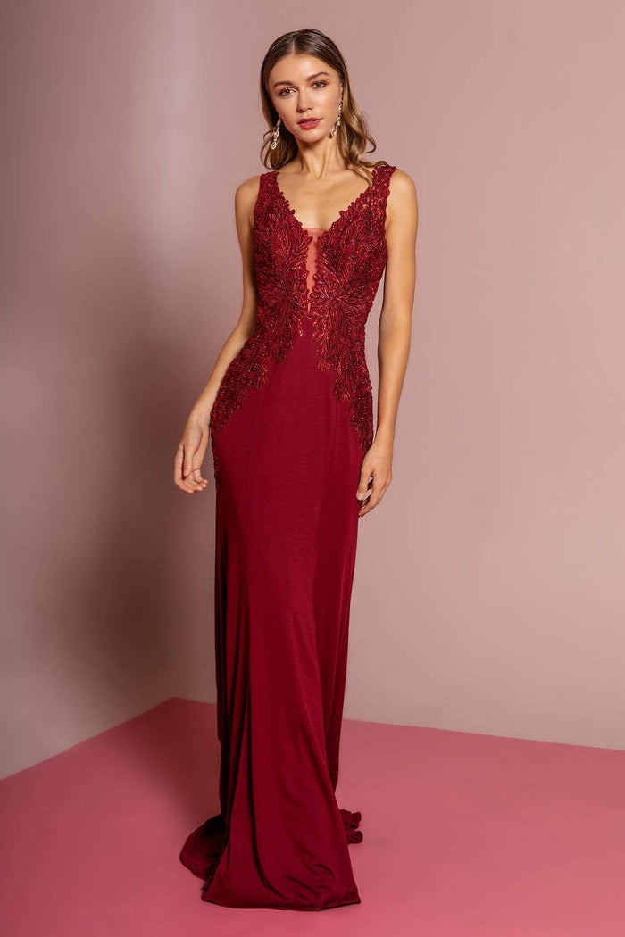 Elizabeth K - GL2614 Lace Deep V-neck Jersey Sheath Dress Special Occasion Dress XS / Burgundy