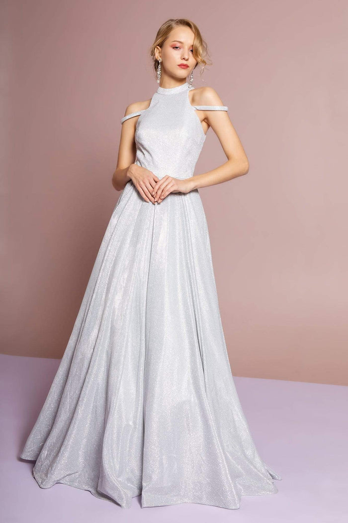Elizabeth K - GL2664 Glitter Crepe High Neck A-line Dress Special Occasion Dress XS / Silver