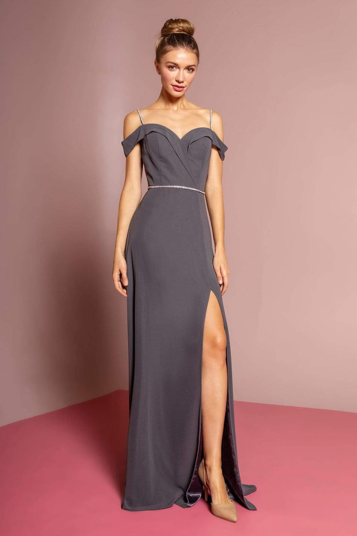 Elizabeth K - GL2665 Surplice Off Shoulder High Slit Gown Special Occasion Dress XS / Charcoal