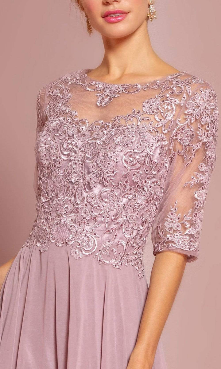 Illusion Satin Gown with Long Lace Sleeves Candy Pink