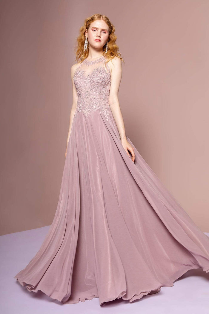 Elizabeth K - GL2690 Illusion Embroidery Appliqued A-Line Dress Evening Dresses XS / Mauve