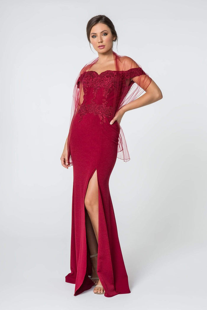 Elizabeth K - GL2708 Embroidered Off-Shoulder Jersey Trumpet Dress Evening Dresses XS / Burgundy