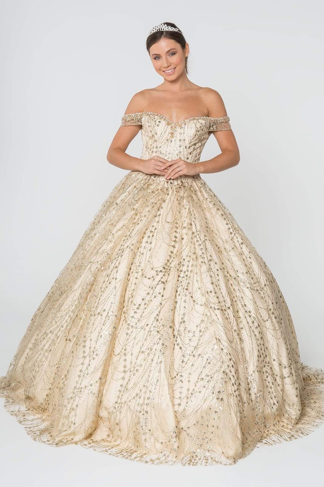 Off The Shoulder Quince Dress Glitter Ball Gown by Elizabeth K GL2831 - 2XL / Rose Gold Off The Shoulder Quince Dress Glitter Ball Gown by Elizabeth K GL2831 - 2XL / Rose Gold