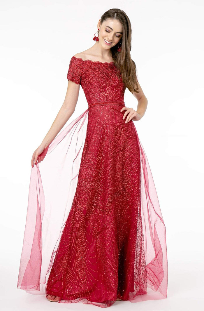 Elizabeth K - GL2942 Glitter Print Off-Shoulder A-Line Dress Evening Dresses XS / Burgundy
