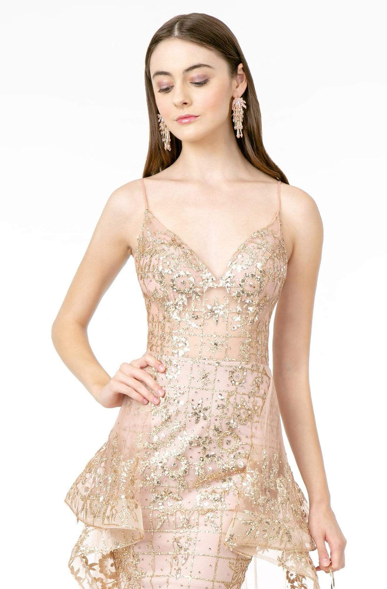 Elizabeth K - GS1634 Plunging V-Neck Glitter Print Cocktail Dress main image 0