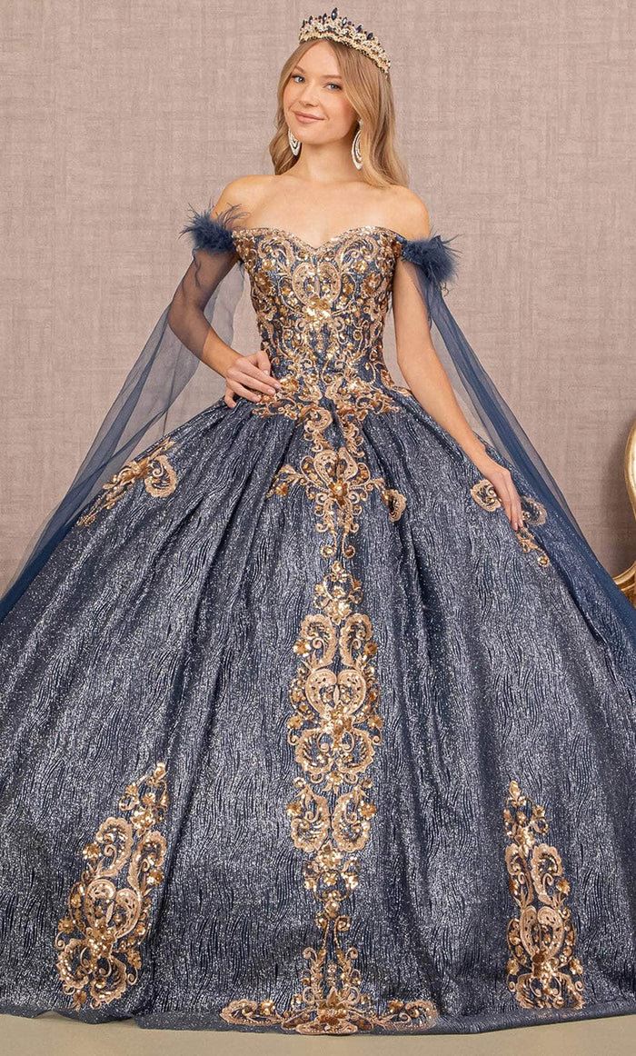 Elizabeth K GL3107 - Feathered Cape Quinceanera Ballgown Special Occasion Dress XS / Navy