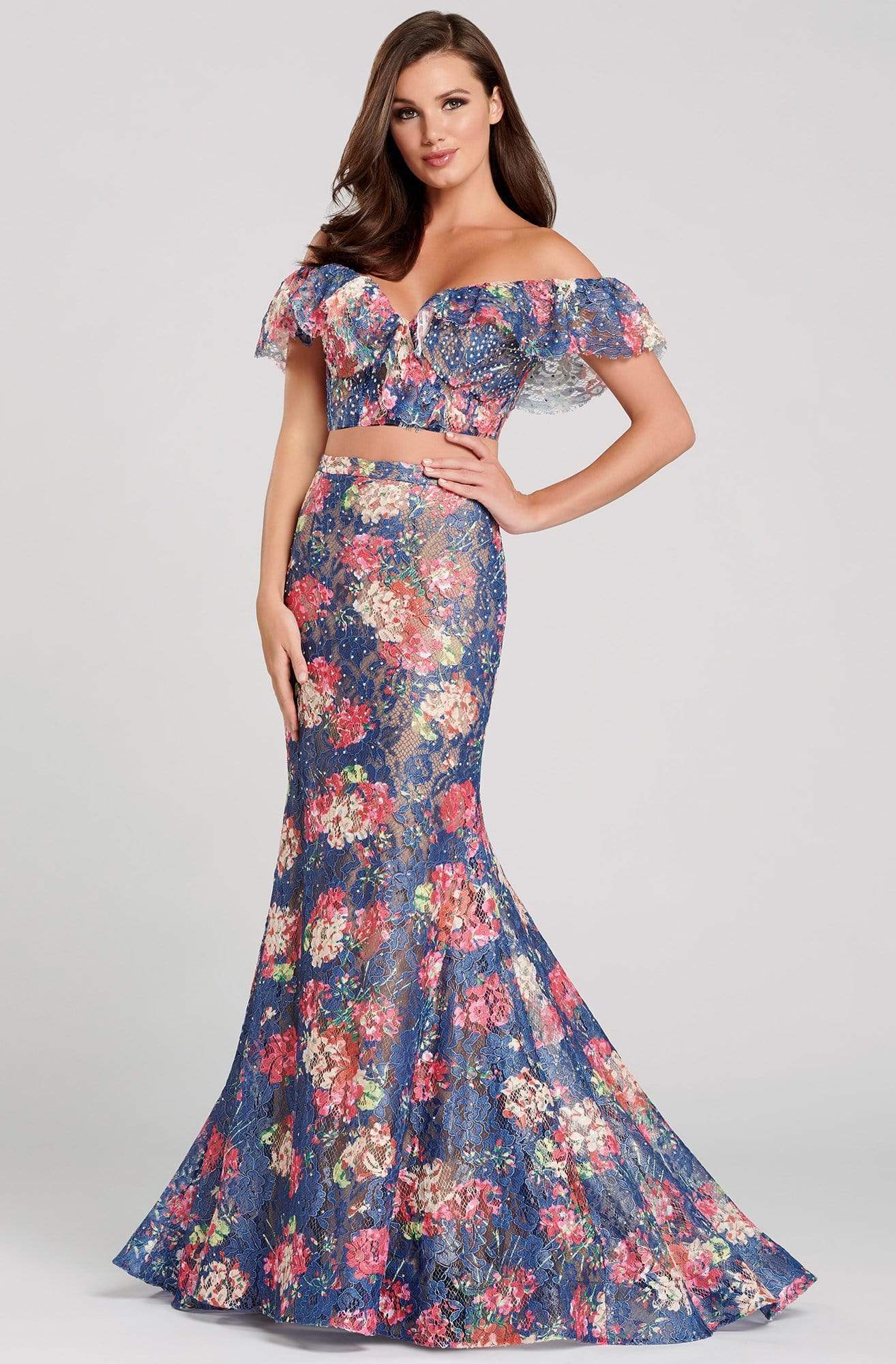 Ellie Wilde - EW120099 Off-Shoulder 2-Piece Novelty Lace Trumpet Dress 2 / Navy Blue/Multi - Shop Ellie Wilde dresses on Couture Candy at Ellie Wilde - EW120099 Off-Shoulder 2-Piece Novelty Lace Trumpet Dress 2 / Navy Blue/Multi - Shop Ellie Wilde dresses on Couture Candy at