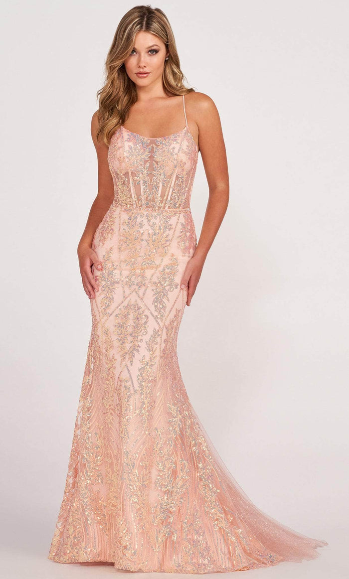 Ellie Wilde EW34023 - Scoop Sequined Floral Trumpet Gown Evening Dresses 00 / Peach Champagne