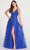 Ellie Wilde EW34107 - V Neck Bare Back A-line Slit Gown Evening Dresses 00 / Royal Blue
