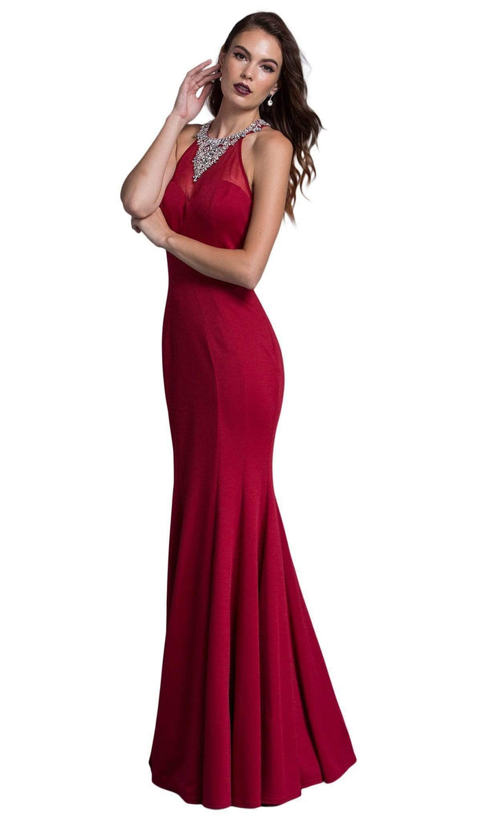 Embellished Illusion Halter Prom Fitted Dress Prom Dresses XXS / Burgundy