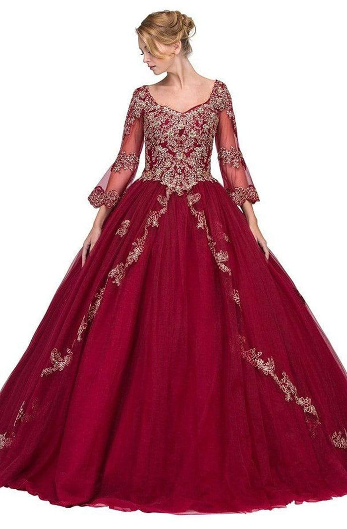Eureka Fashion - 4188 Gold Embroidered V-neck Ballgown Special Occasion Dress XS / Burgundy/Gold