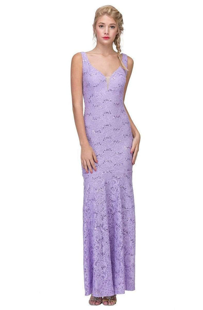 Eureka Fashion - 5010 Lace Deep V-neck Trumpet Dress Evening Dresses XS / Lilac