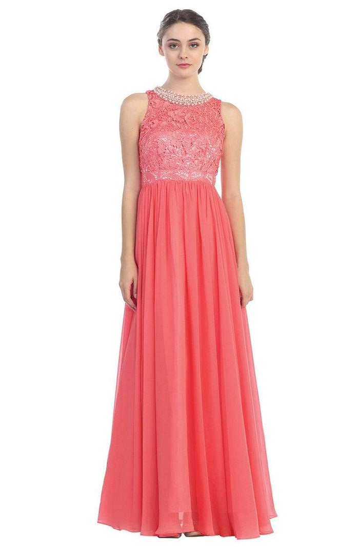 Eureka Fashion - 5023 Lace Jewel Neck Chiffon A-line Dress Bridesmaid Dresses XS / Coral