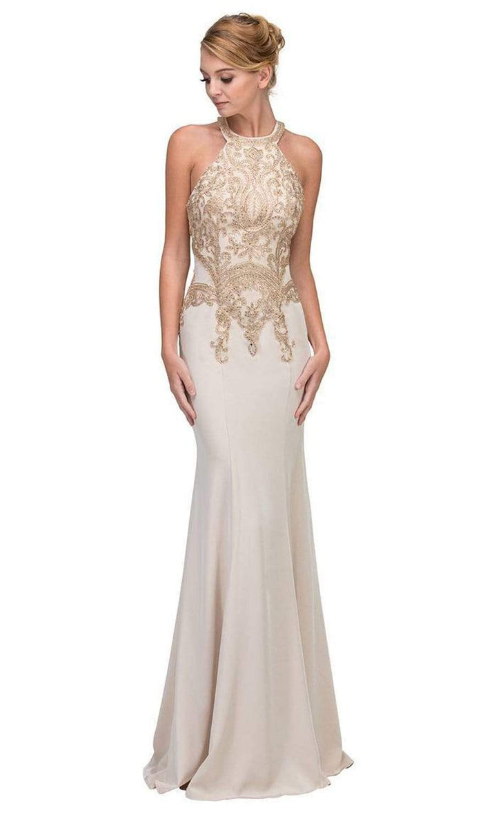 Eureka Fashion - 7033 Embroidered Appliqued Mermaid Gown Special Occasion Dress XS / Beige/Gold