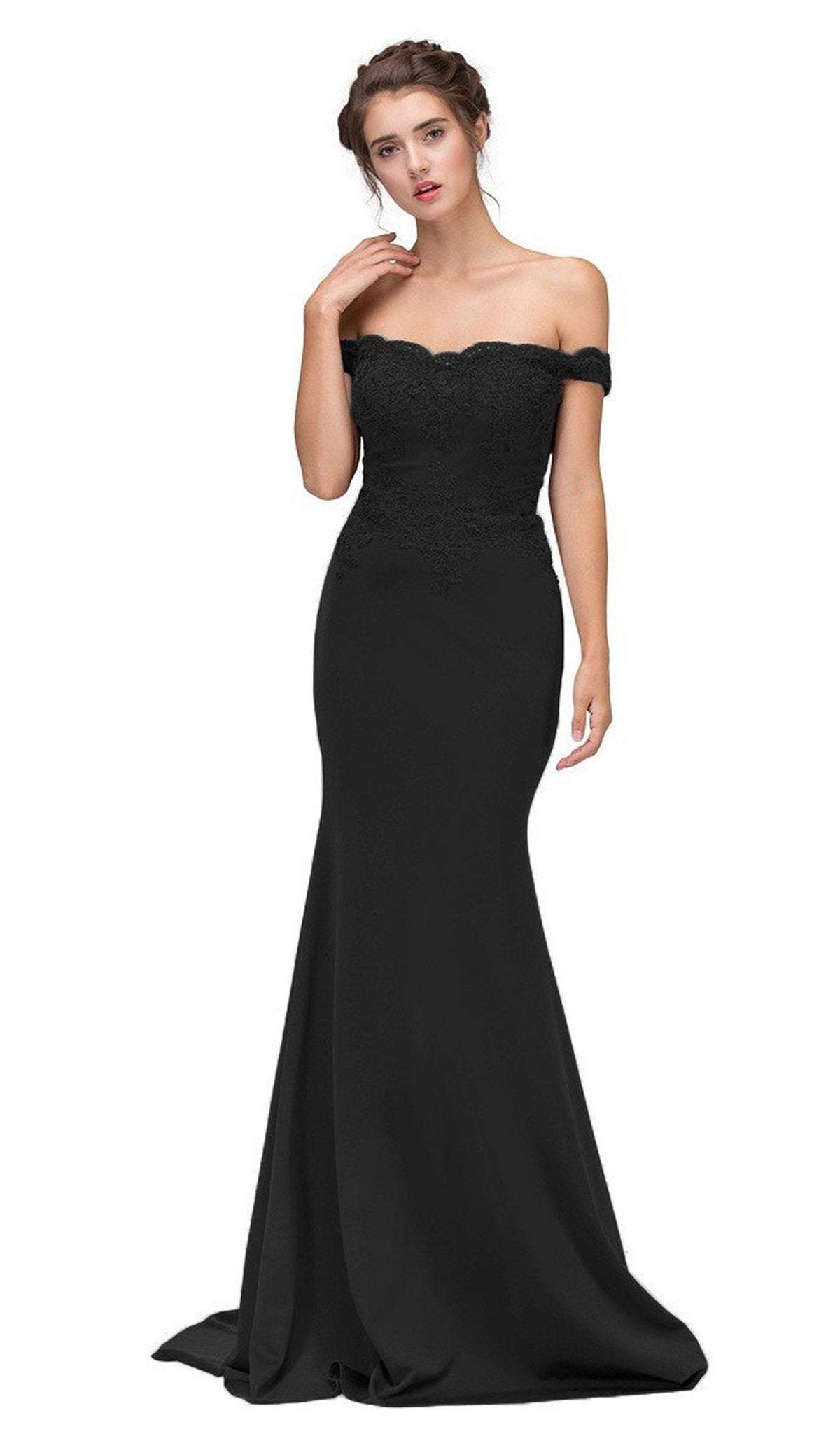 Eureka Fashion - 7100 Off Shoulder Lace Appliqued Jersey Mermaid Gown Couture Candy Eureka Fashion - 7100 Off Shoulder Lace Appliqued Jersey Mermaid Gown Couture Candy