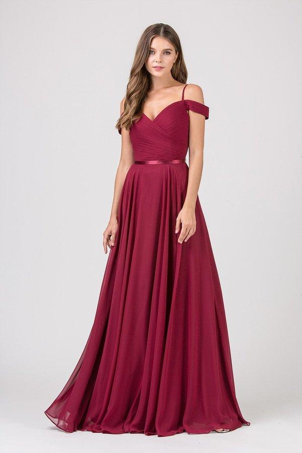 Eureka Fashion - 7611 Long Ruche-Textured Bodice A-Line Gown Bridesmaid Dresses XS / Burgundy
